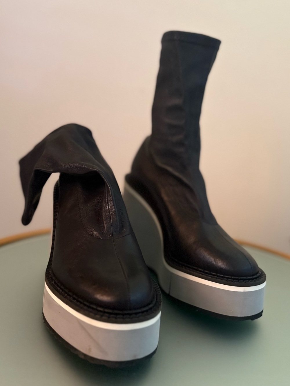 Black Platform Sock Boots with Contrast Sole - Women’s Elevated Ankle Boot